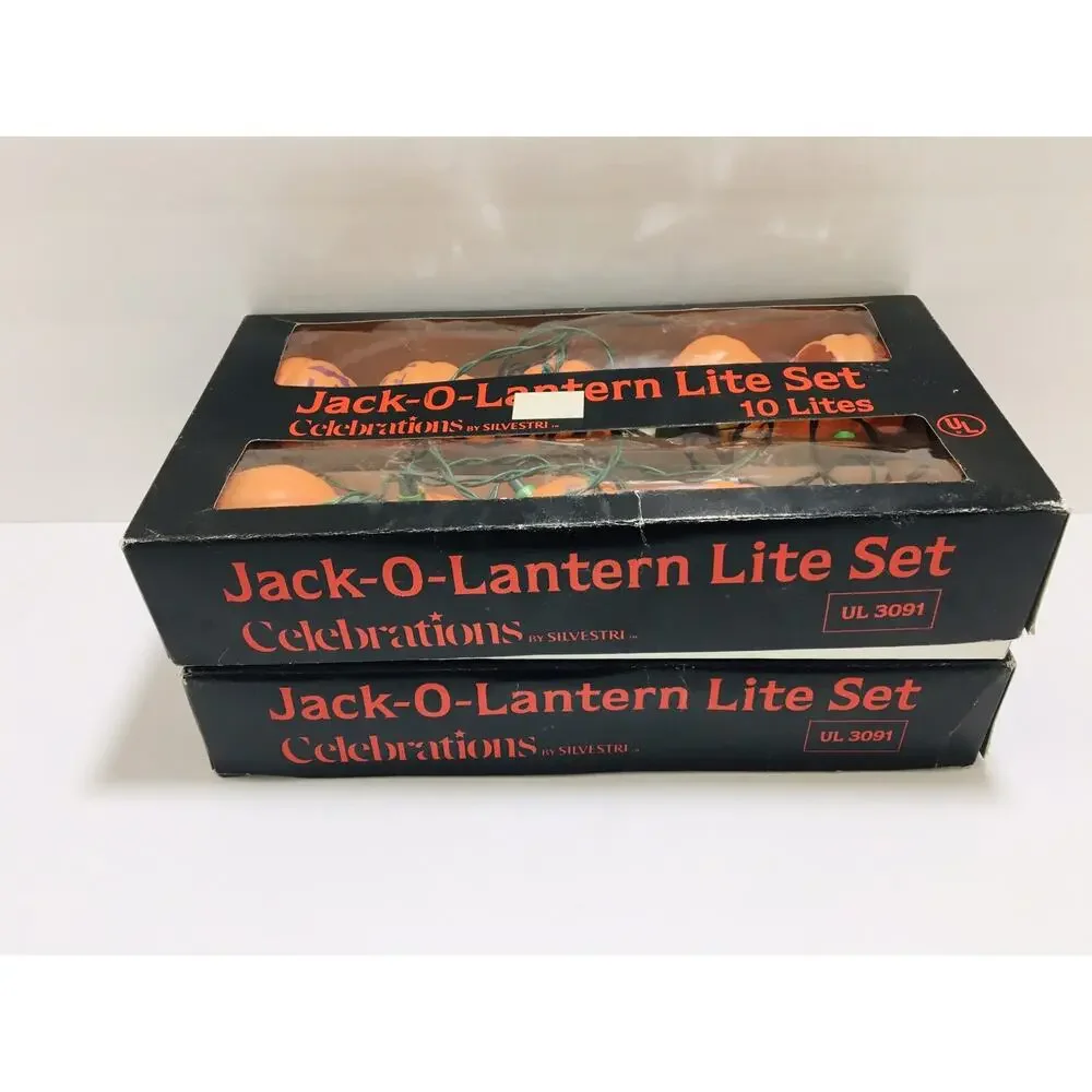 Vintage Halloween Jack O Lantern Pumpkin Light String Blow Mold 2 Sets